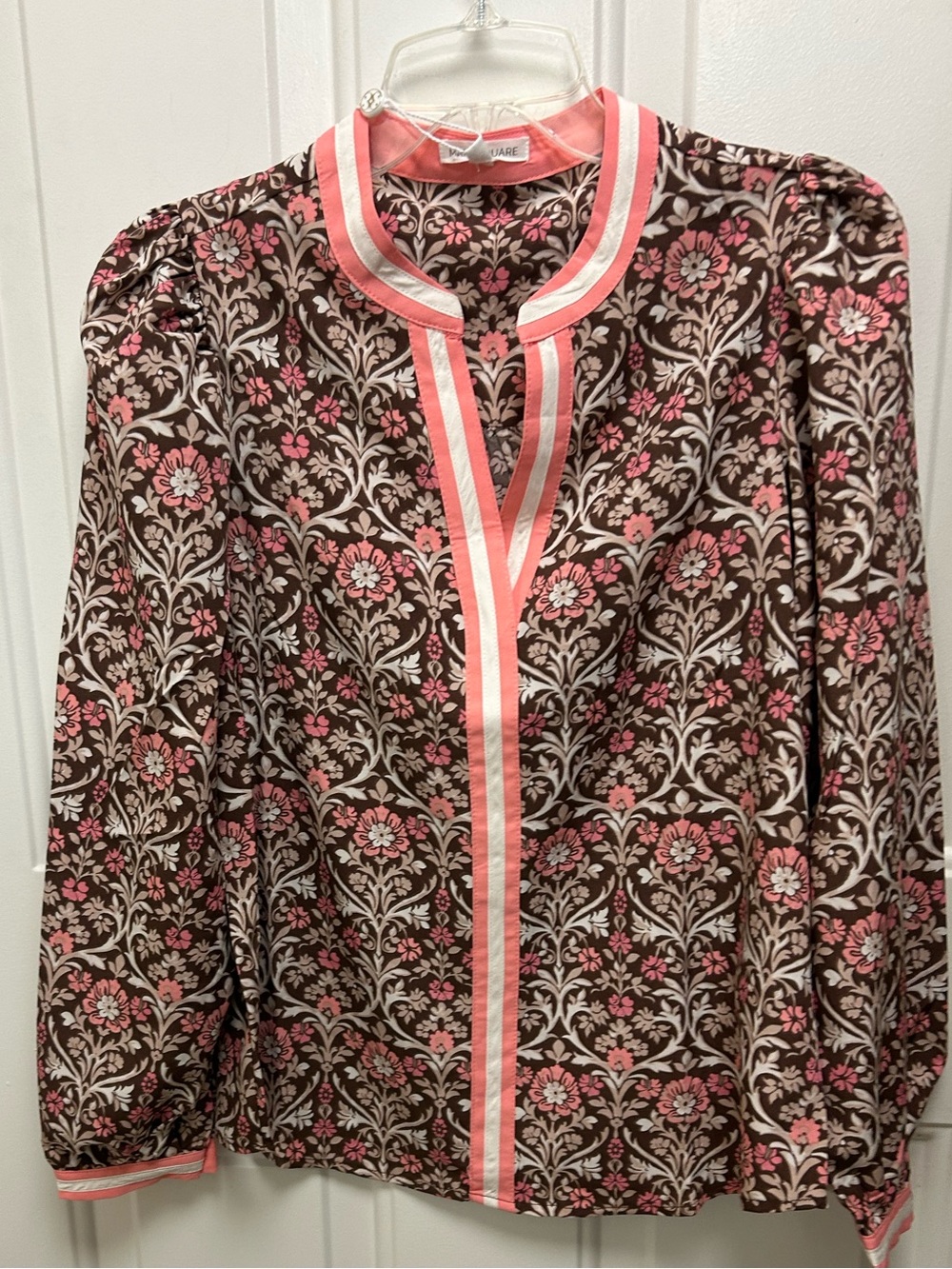 Mary Square Coral & Brown Floral Top with Coral & White Banded Neckline - Picture 11 of 16